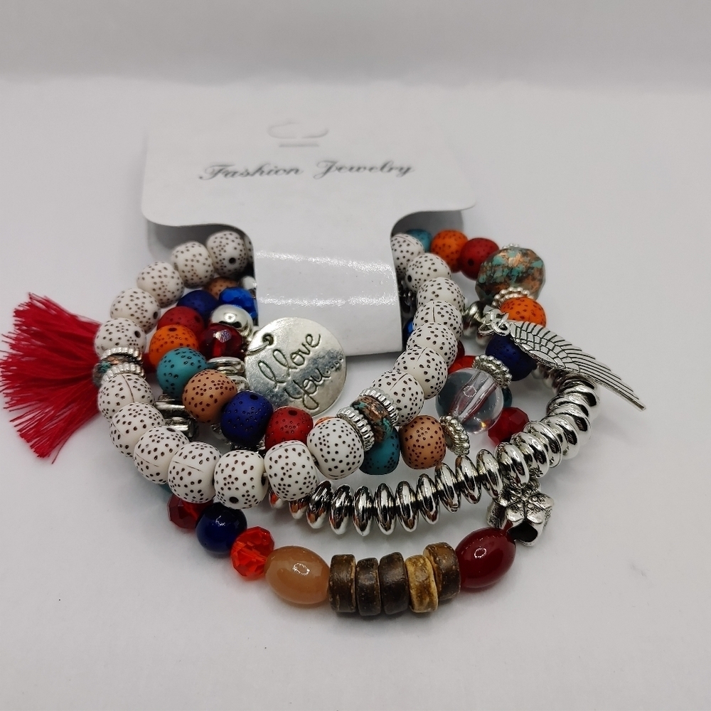 Boho 4PC Beaded Bracelet Set Charm Tassel Wing Stack Stretch Colorful NWT - Picture 6 of 6
